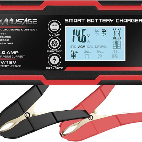 Manusage 10-Amp Fully-Automatic Smart Charger, 6V and 12V Portable Automotive Car Battery Charger, Battery Maintainer, Trickle Charger,Battery Desulfator with Temperature Compensation, AGM,Deep Cycle